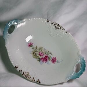 Antique Floral Gold Pattern Porcelain Oval Serving Platter W/ Aqua Blue Handles